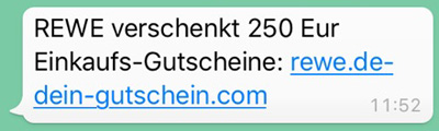 Eine WhatsApp-Nachricht verspricht einen angeblichen Rewe-Gutschein. Sie lautet: "REWE verschenkt 250 Eur Einkaufs-Gutscheine: rewe.de-dein-gutschein.com" Screenshot: checked4you.de