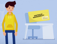 Zeichnung: Junger Mann steht neben Schreibtisch, auf dem ein Brief in einem gelben Umschlag liegt. (Bild: Verbraucherzentralen)
