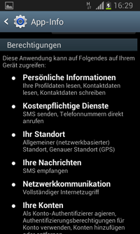Smartphone-Screenshot der Berechtigungen bei Android