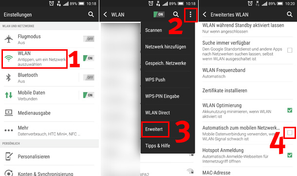 Screenshots der WLAN-Einstellungen eines Android-Geräts.