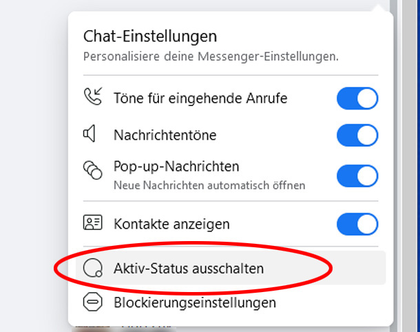 Screenshot: Im Menü des Chat-Fensters von Facebook auf "Aktivitätsstatus ausschalten" klicken.