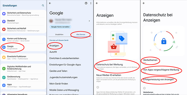 Screenshots der Android-Einstellungen für personalisierte Anzeigen.