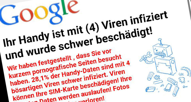 Screenshot einer falschen Virenwarnung für Android-Smartphones mit Google-Logo.