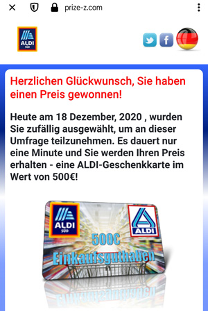 Screenshot prize-z.com am 18.12.2020: 500-Euro-Aldi-Gutschein nach Teilnahme an einer Umfrage zu gewinnen. (Screenshot: checked4you)