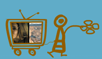 Zeichnung Figur mit Blume und Handwagen, auf dem ein Fernsehgerät steht
